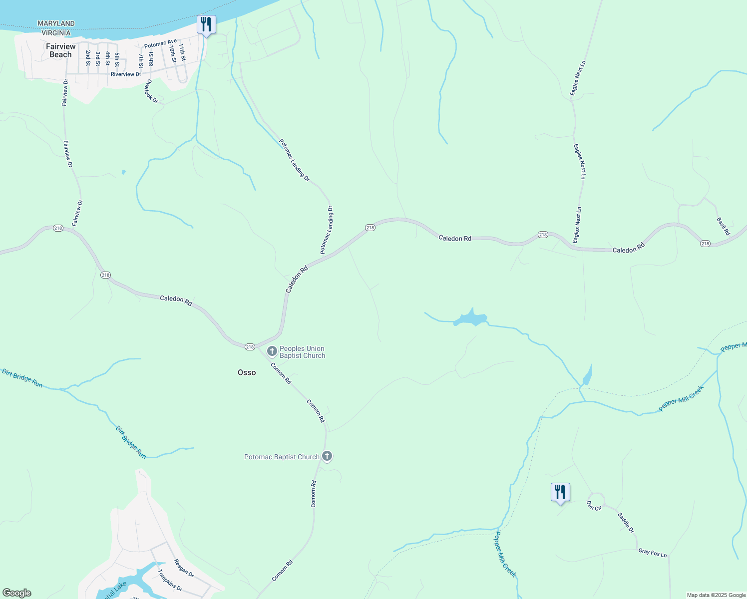 map of restaurants, bars, coffee shops, grocery stores, and more near Potomac Forest Drive in King George
