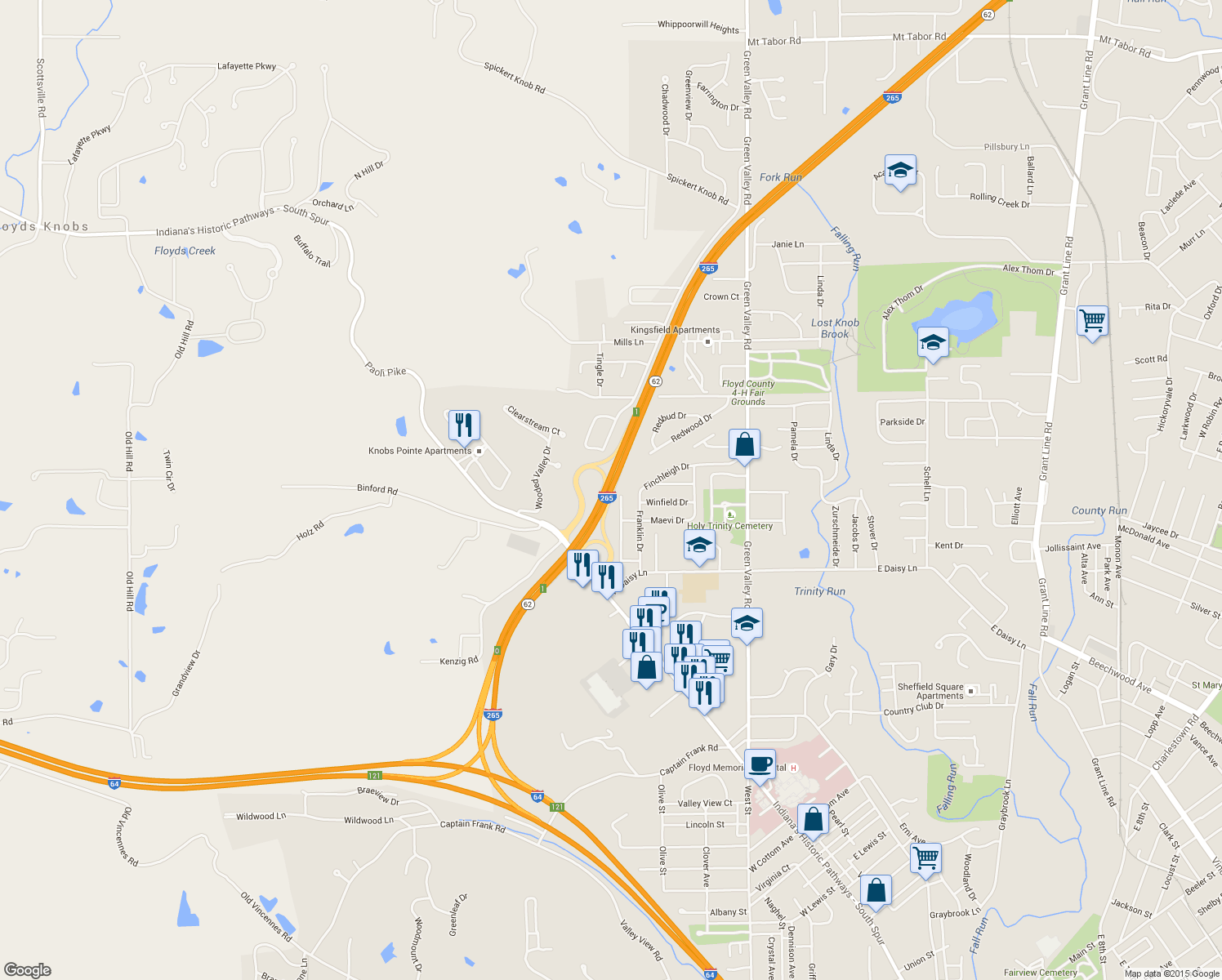 map of restaurants, bars, coffee shops, grocery stores, and more near Route 62 in New Albany