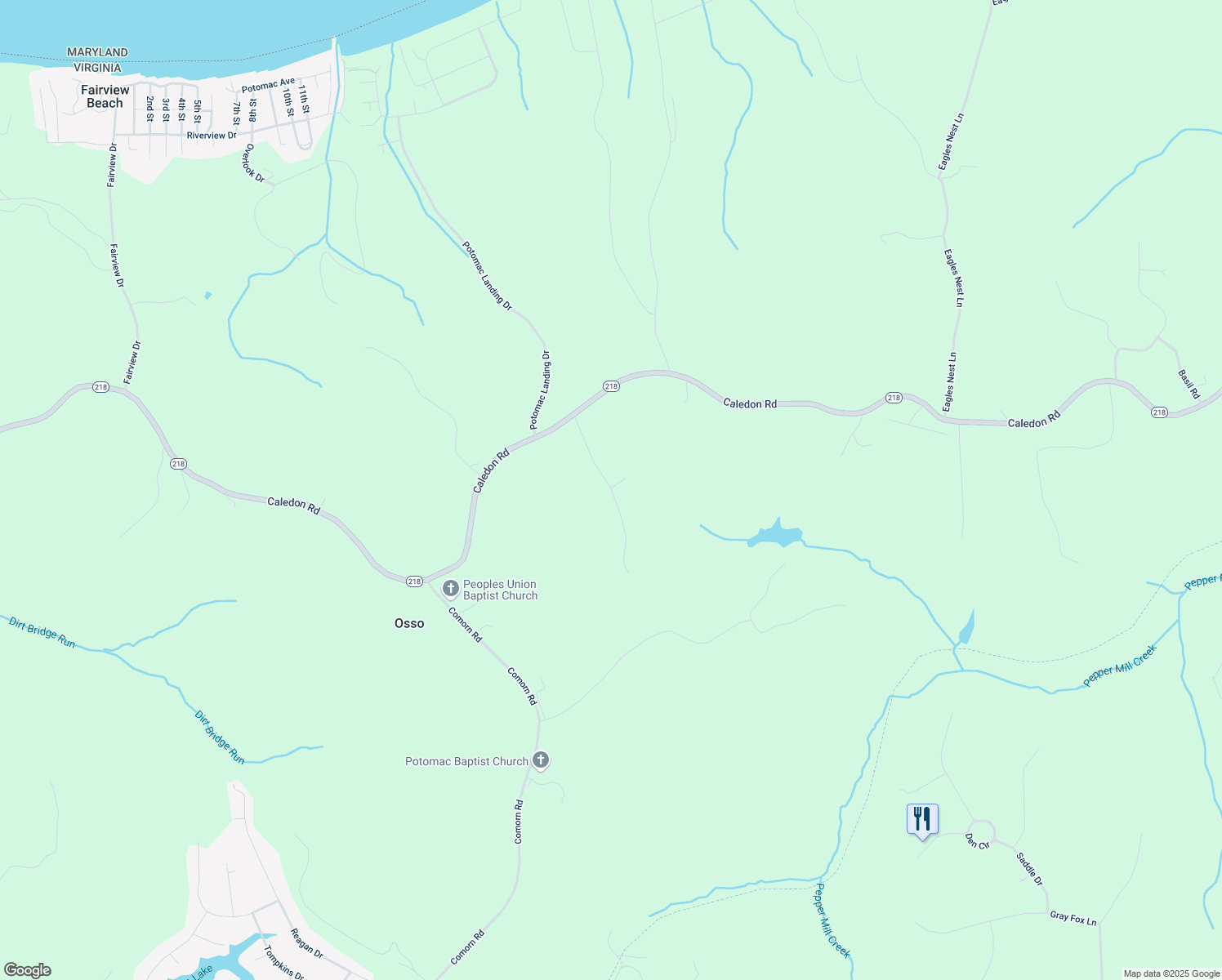 map of restaurants, bars, coffee shops, grocery stores, and more near Potomac Forest Drive in King George