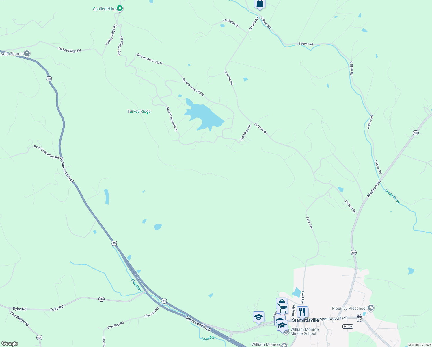 map of restaurants, bars, coffee shops, grocery stores, and more near 166-1698 Top Ridge Road in Stanardsville