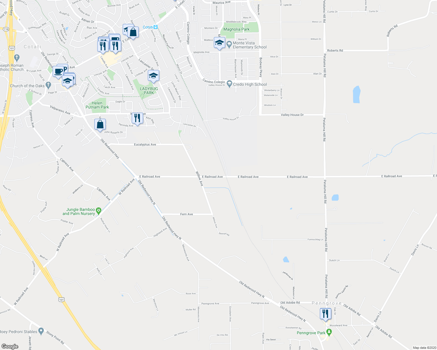 map of restaurants, bars, coffee shops, grocery stores, and more near 651 East Railroad Avenue in Cotati