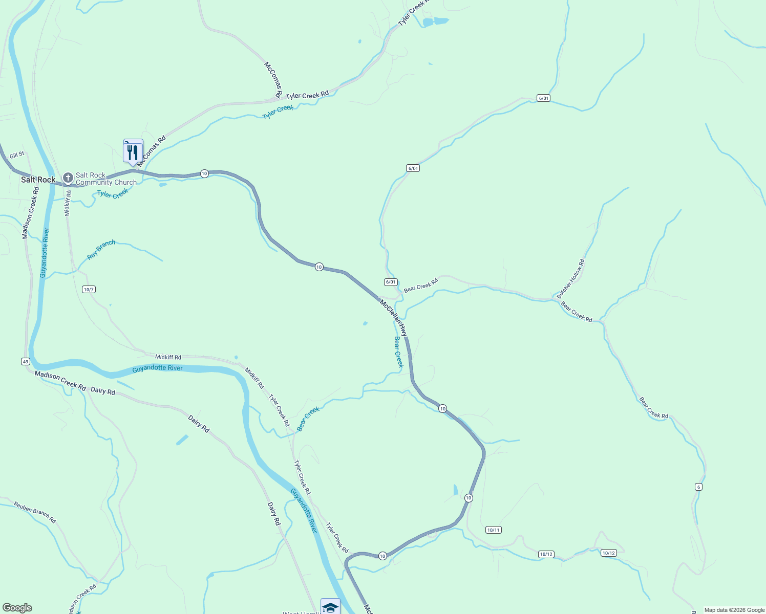map of restaurants, bars, coffee shops, grocery stores, and more near 6591 McClellan Highway in West Hamlin