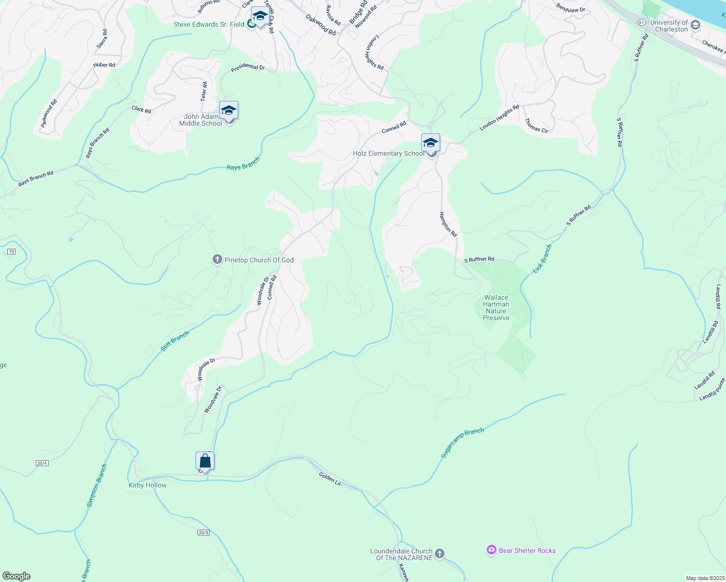 map of restaurants, bars, coffee shops, grocery stores, and more near 46 Roanoke Trace in Charleston