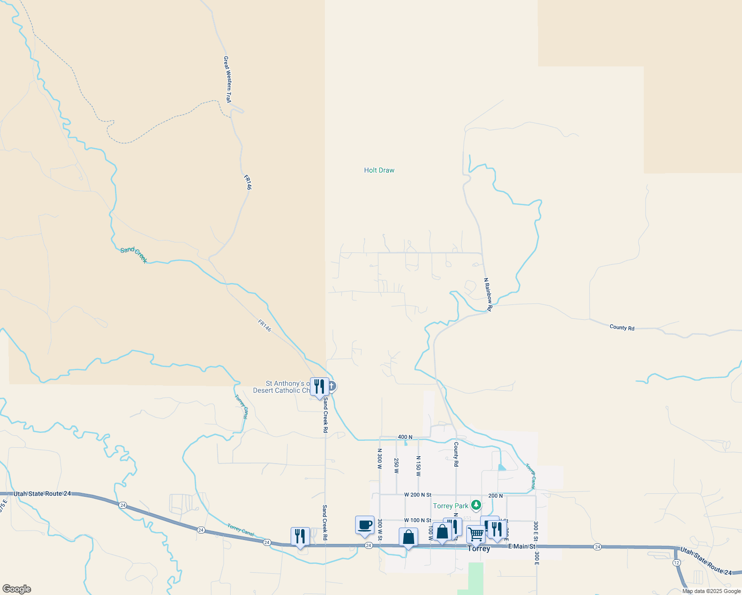 map of restaurants, bars, coffee shops, grocery stores, and more near 331 West 1000 North in Torrey