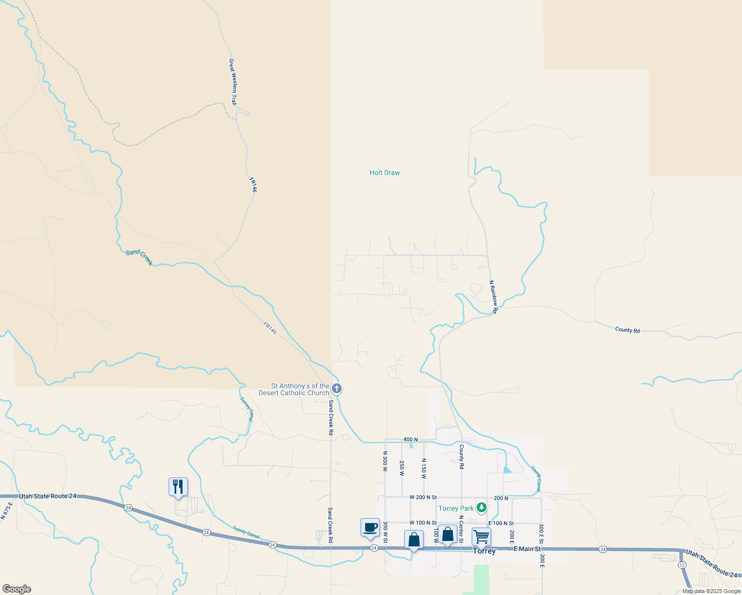 map of restaurants, bars, coffee shops, grocery stores, and more near 357 West 1000 North in Torrey