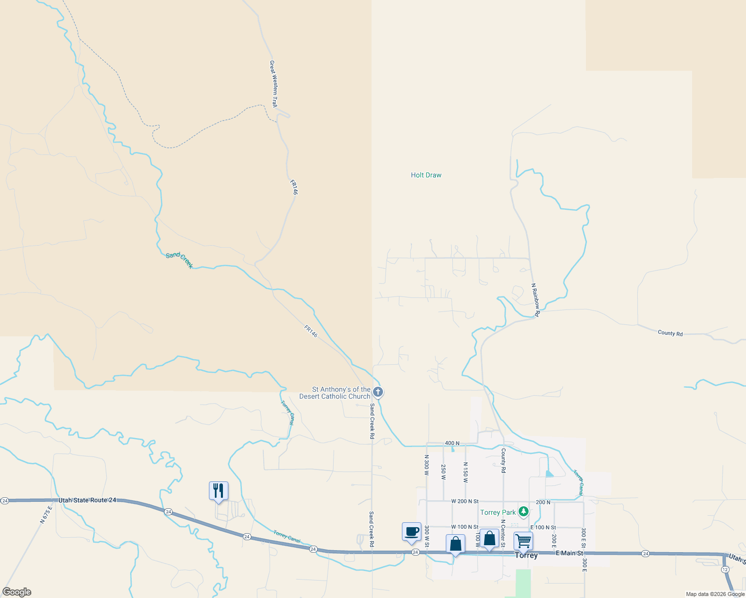 map of restaurants, bars, coffee shops, grocery stores, and more near 523 West 1000 North in Torrey