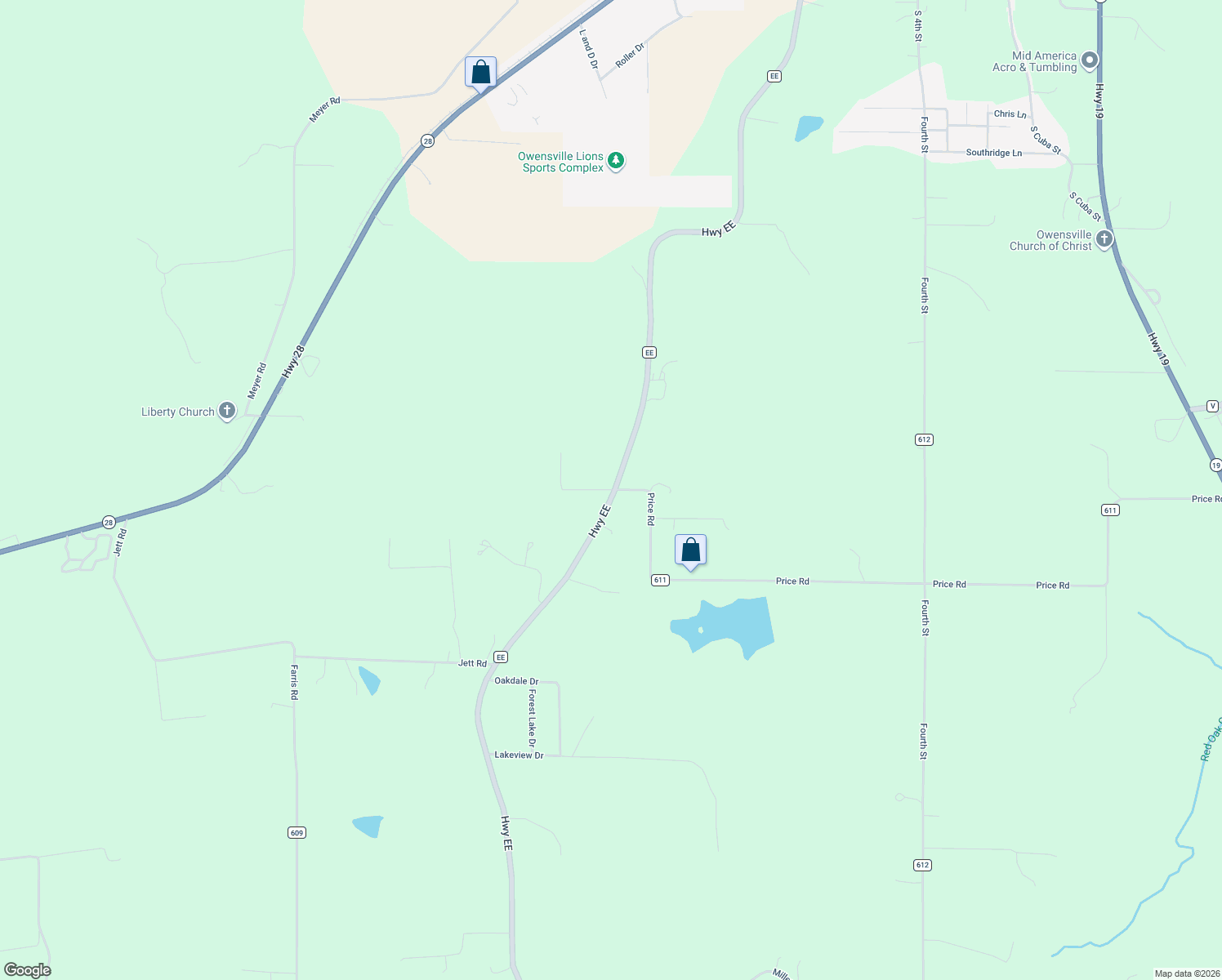 map of restaurants, bars, coffee shops, grocery stores, and more near 3701 State Highway EE in Owensville