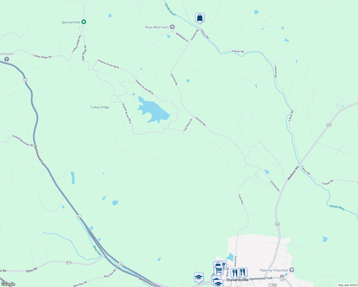 map of restaurants, bars, coffee shops, grocery stores, and more near 73 Pete's Place in Stanardsville