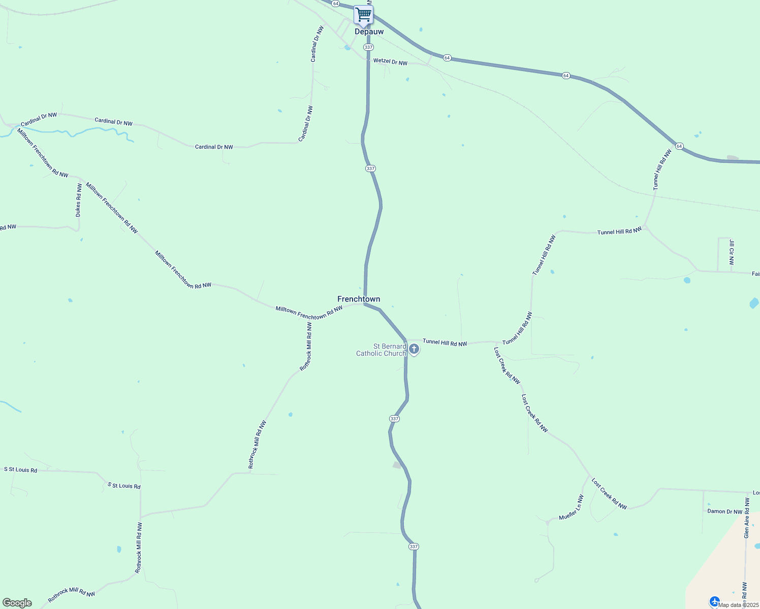 map of restaurants, bars, coffee shops, grocery stores, and more near 7860 Indiana 337 in Depauw