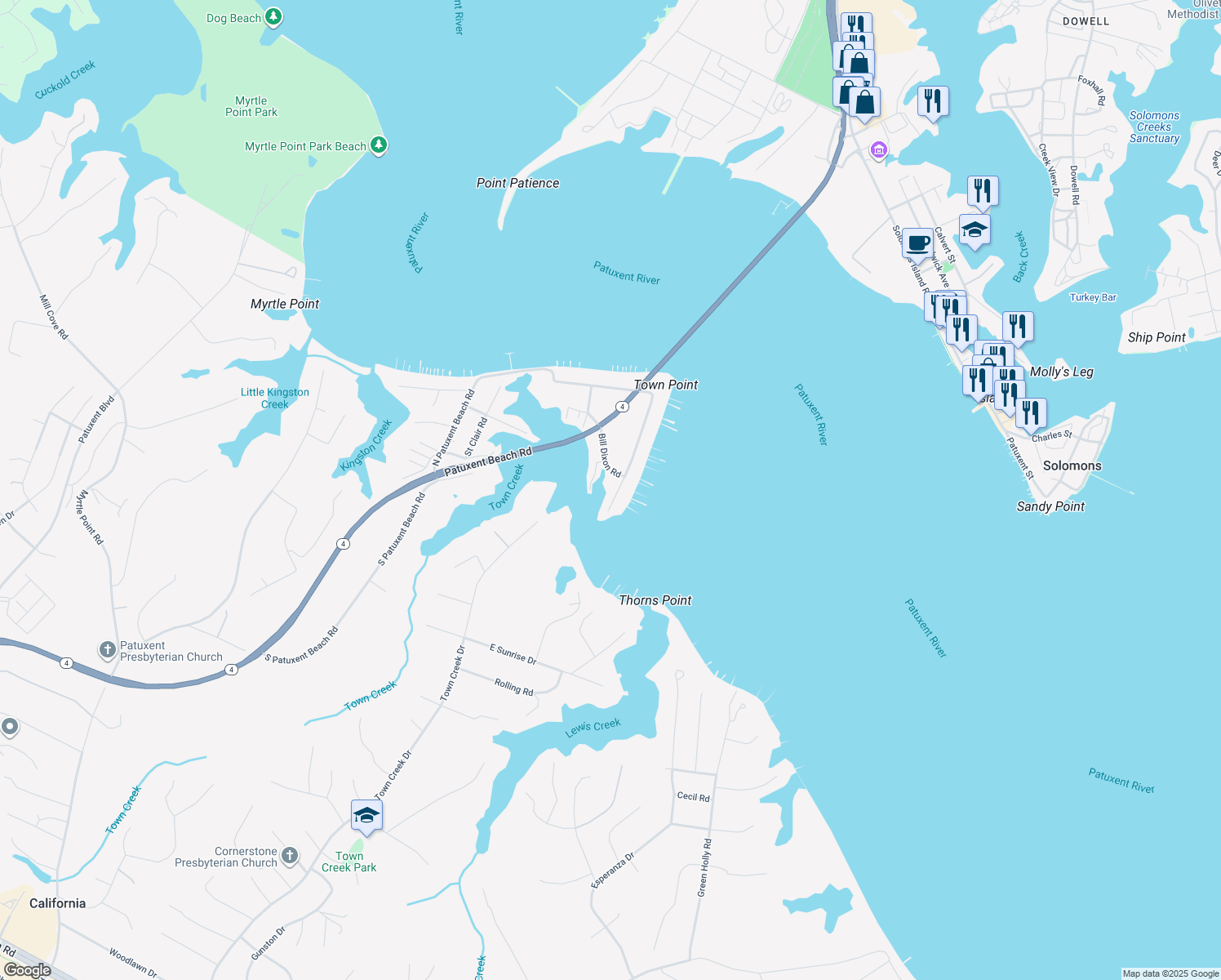 map of restaurants, bars, coffee shops, grocery stores, and more near 24304 North Patuxent Beach Road in California