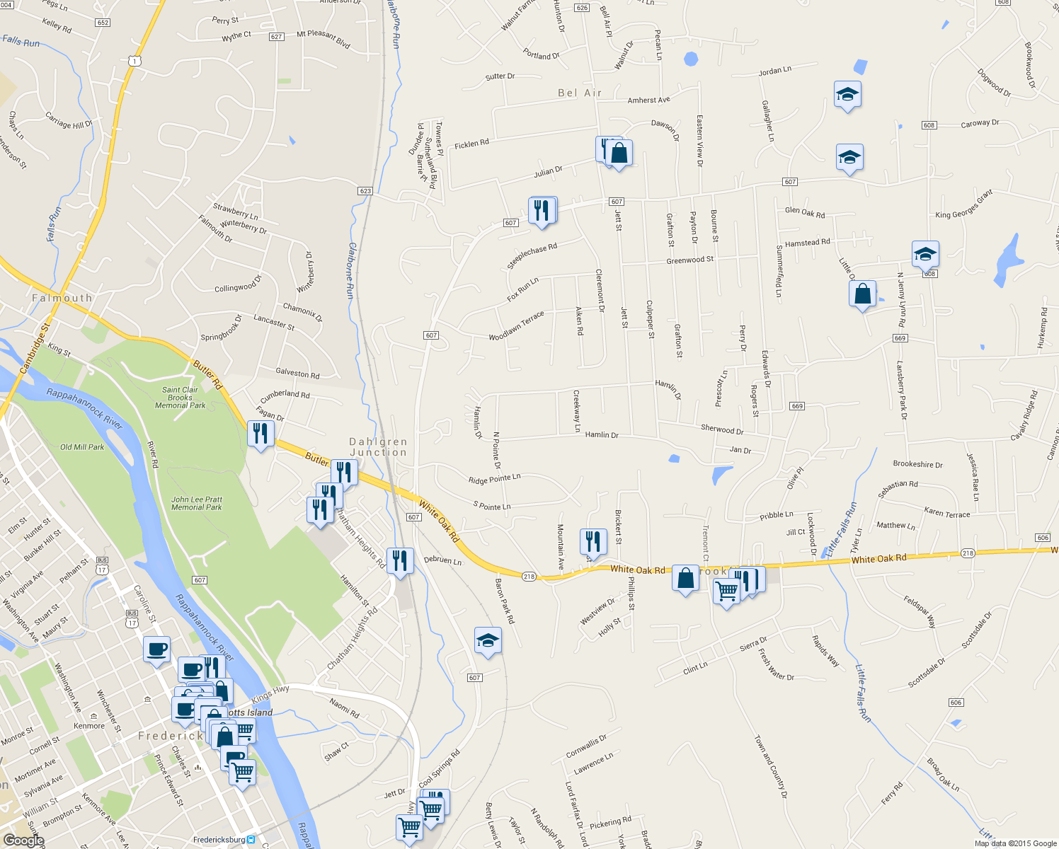 map of restaurants, bars, coffee shops, grocery stores, and more near 109 Hamlin Drive in Fredericksburg