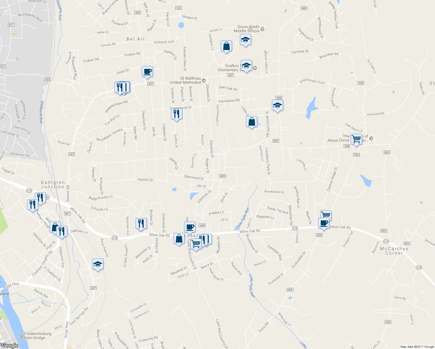 map of restaurants, bars, coffee shops, grocery stores, and more near 408 Edwards Drive in Fredericksburg