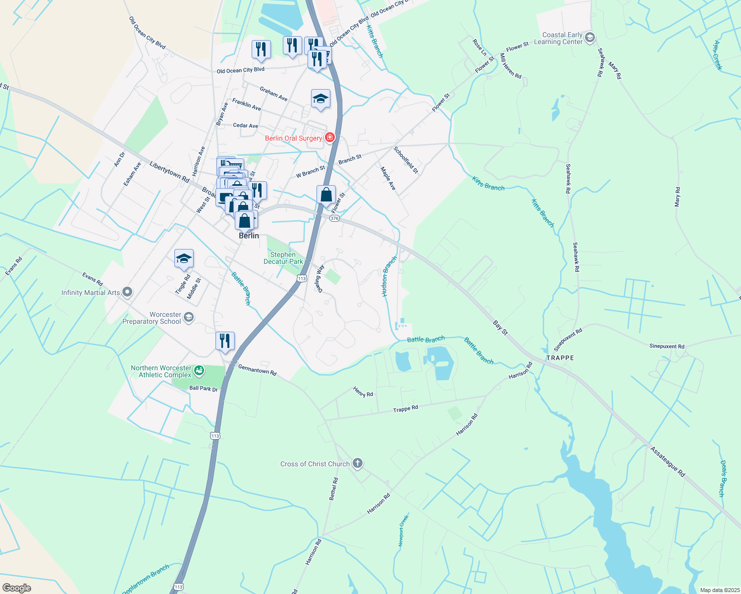 map of restaurants, bars, coffee shops, grocery stores, and more near 466 Dueling Way in Berlin
