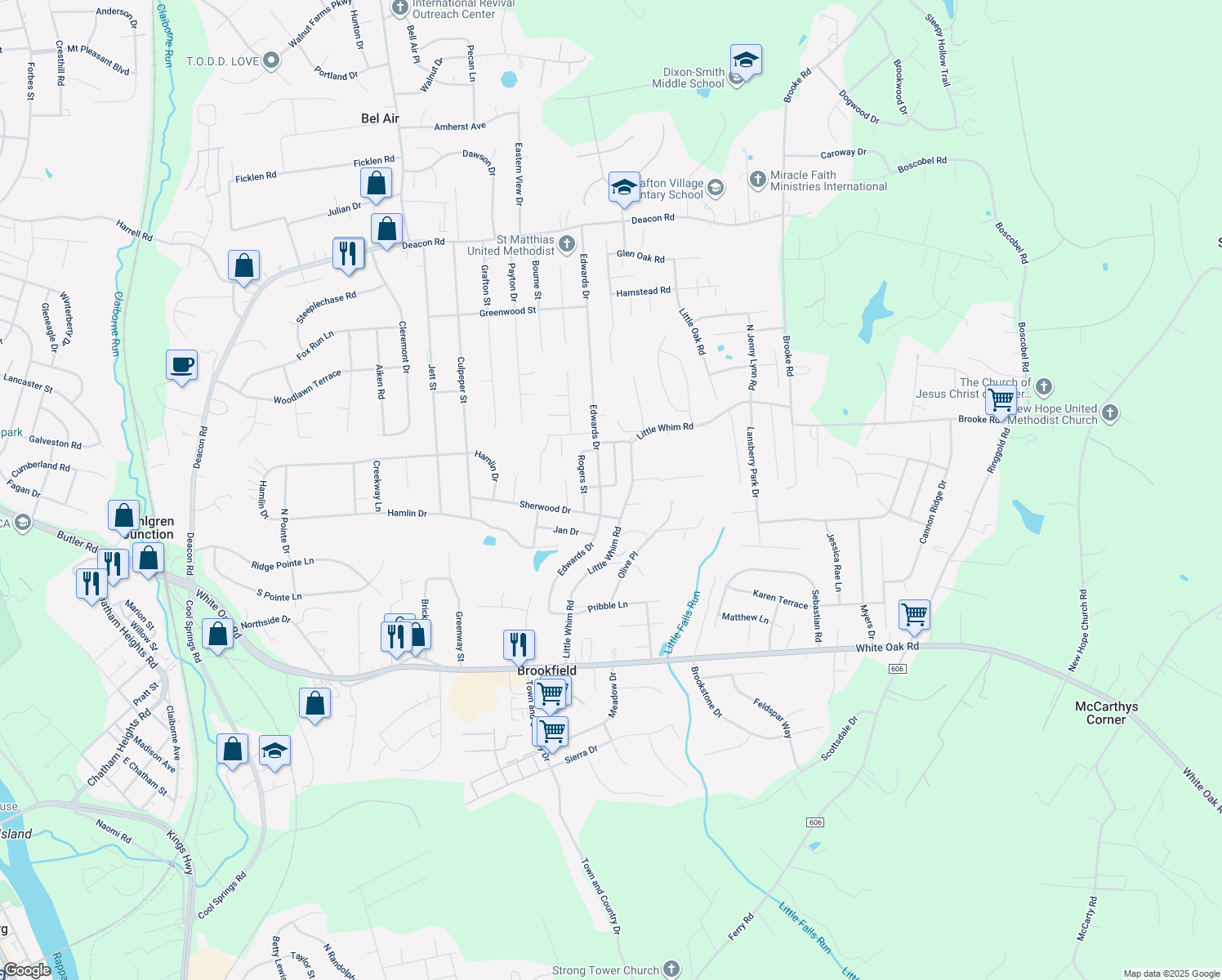map of restaurants, bars, coffee shops, grocery stores, and more near 408 Sullivan Dr in Fredericksburg