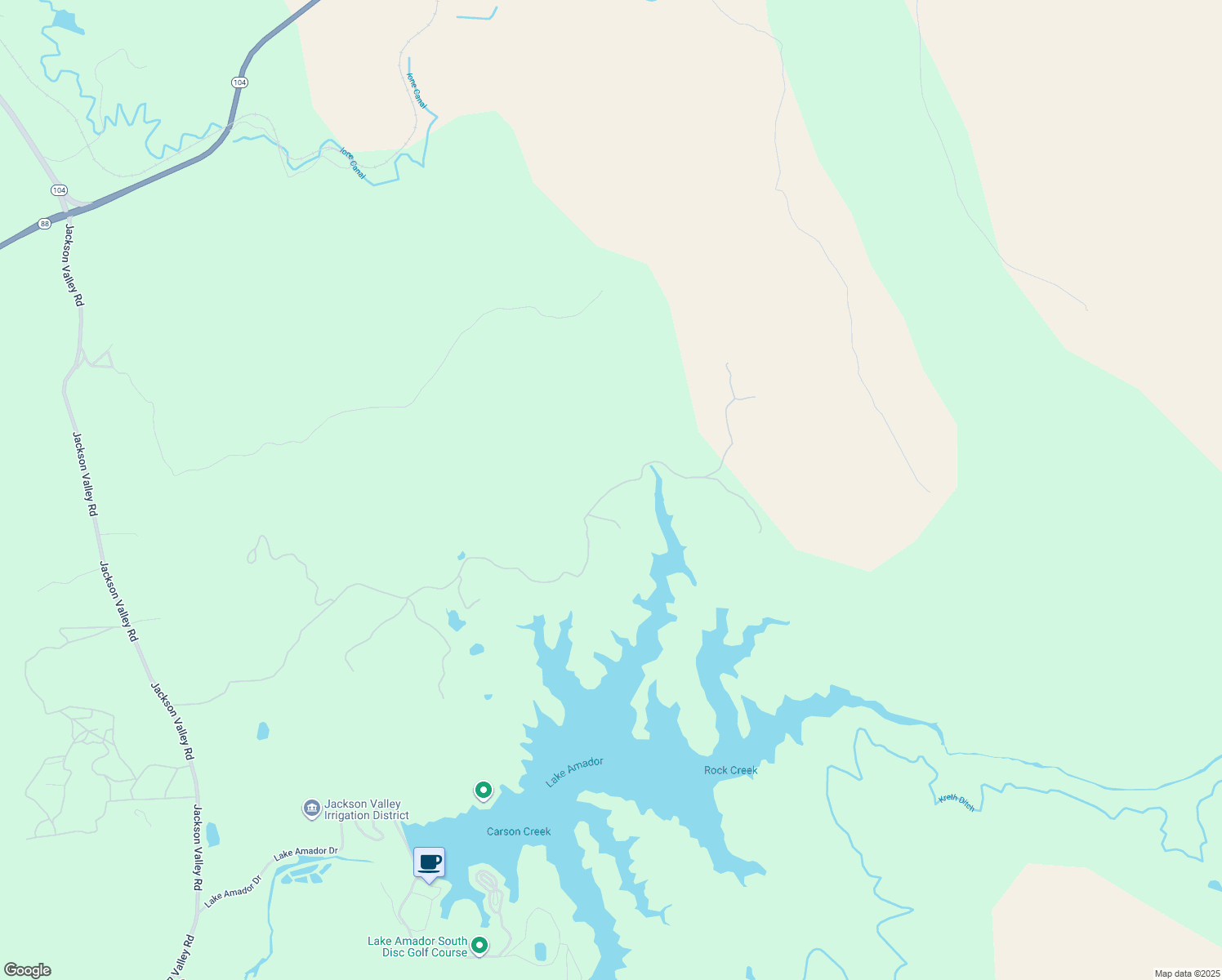 map of restaurants, bars, coffee shops, grocery stores, and more near Lake Amador Drive in Ione