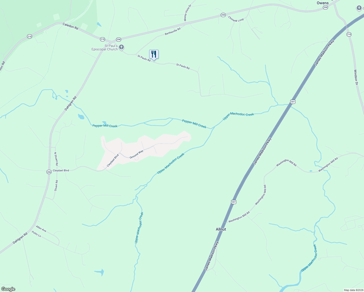 map of restaurants, bars, coffee shops, grocery stores, and more near 13282 Ormond Way in King George
