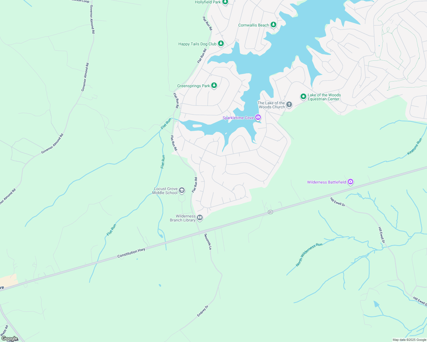 map of restaurants, bars, coffee shops, grocery stores, and more near 222 Battlefield Road in Locust Grove