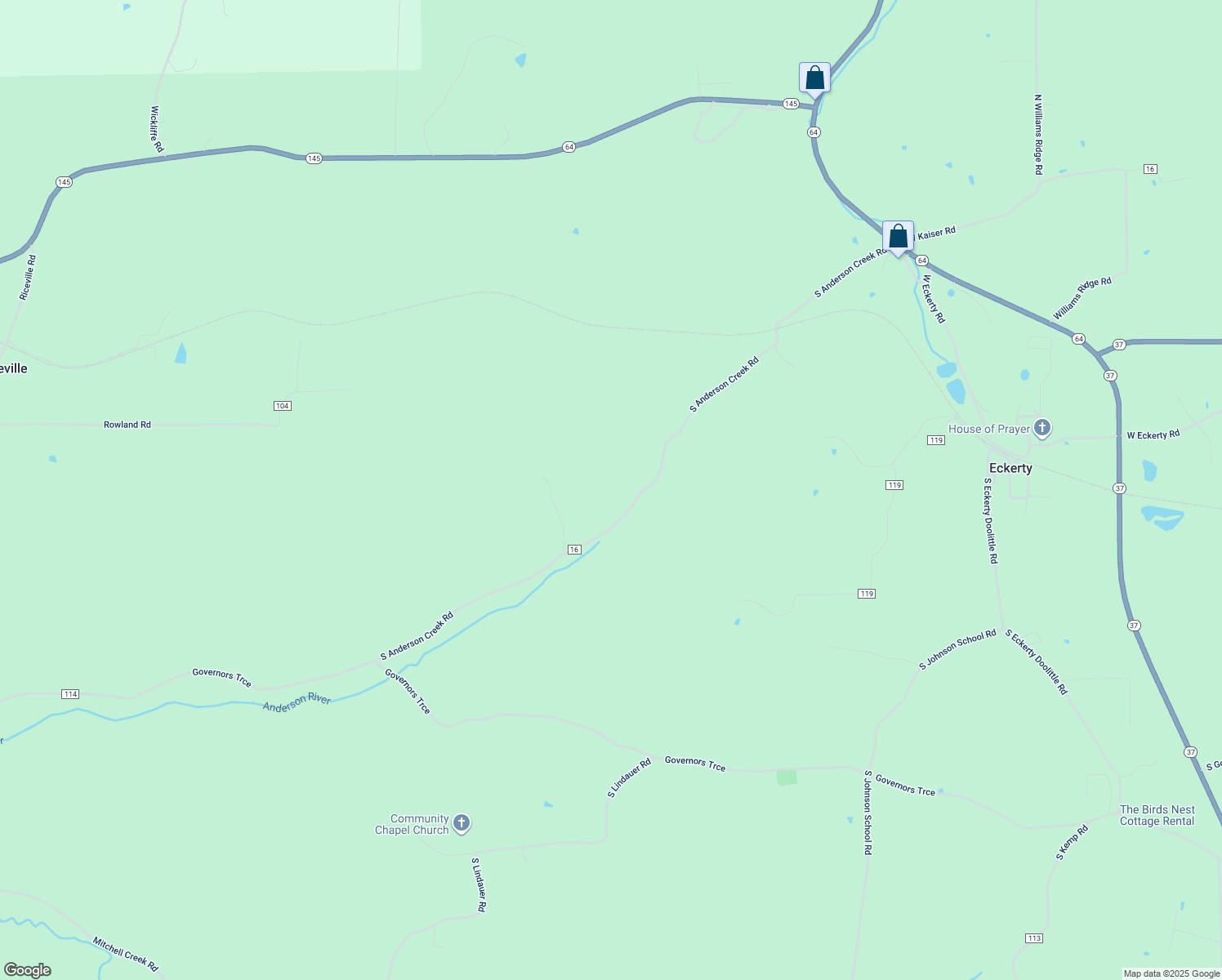 map of restaurants, bars, coffee shops, grocery stores, and more near 1093 South Anderson Creek Road in Eckerty