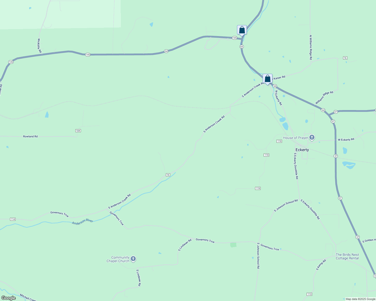 map of restaurants, bars, coffee shops, grocery stores, and more near 1093 South Anderson Creek Road in Eckerty