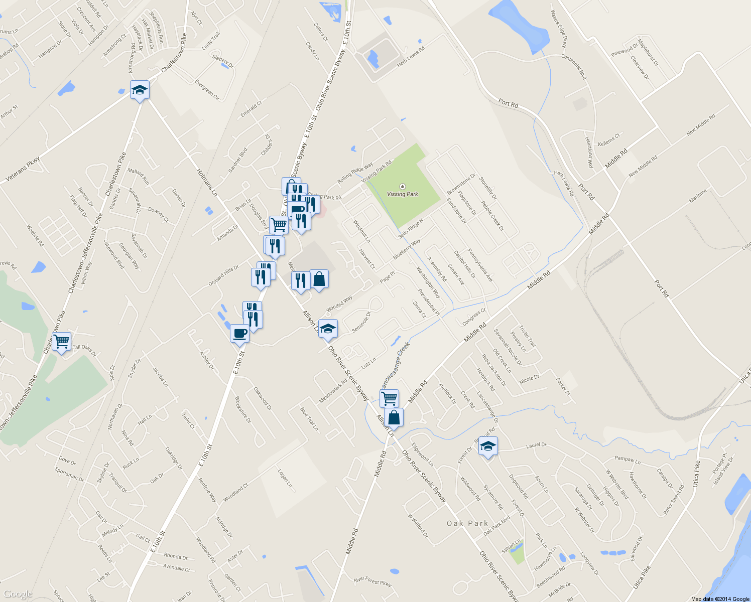 map of restaurants, bars, coffee shops, grocery stores, and more near 3020 Seminole Drive in Jeffersonville