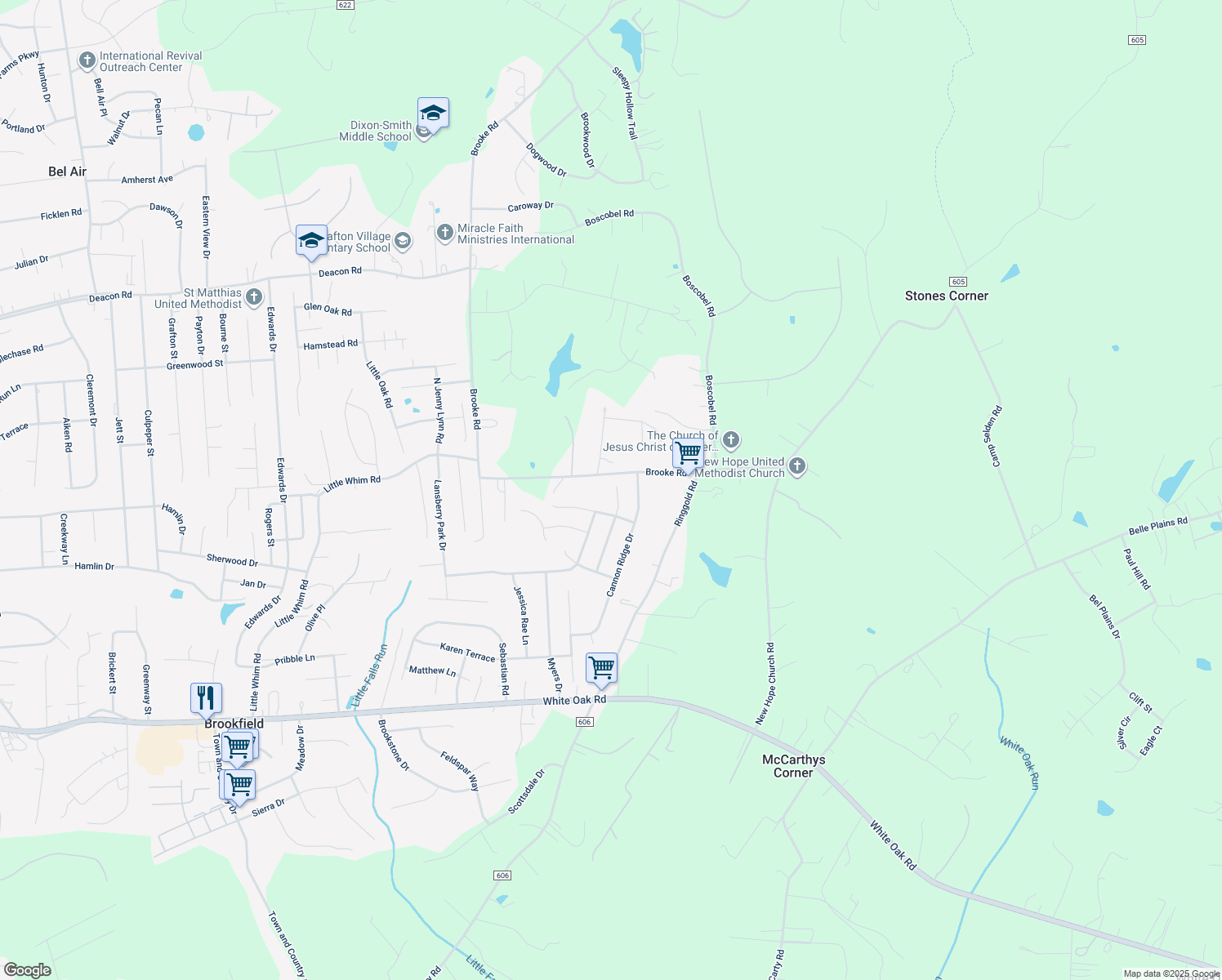 map of restaurants, bars, coffee shops, grocery stores, and more near 29 Sunset Ridge Lane in Fredericksburg