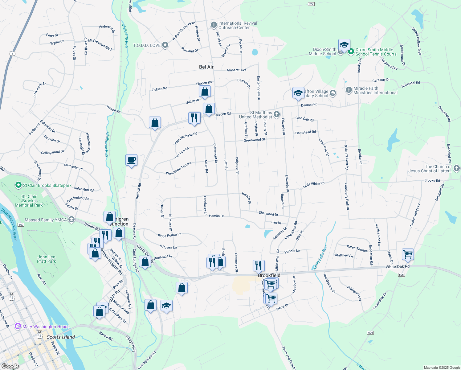 map of restaurants, bars, coffee shops, grocery stores, and more near 602 Jett Street in Fredericksburg