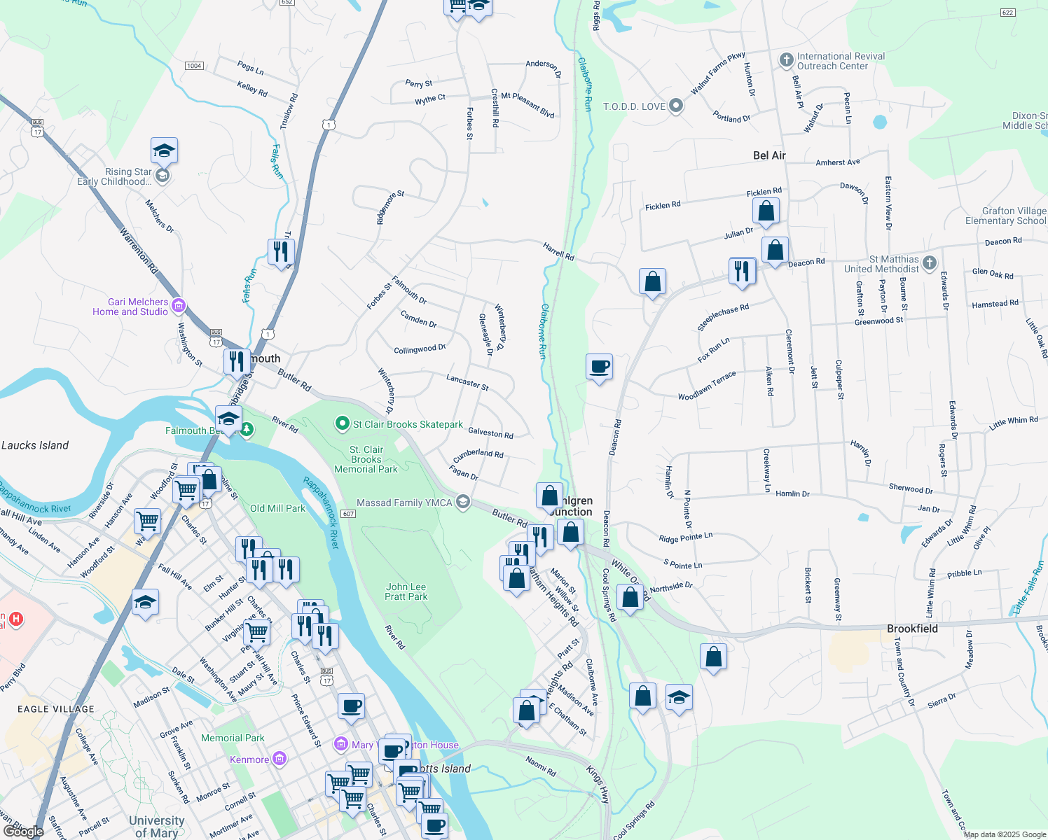 map of restaurants, bars, coffee shops, grocery stores, and more near 609 Lancaster Street in Fredericksburg