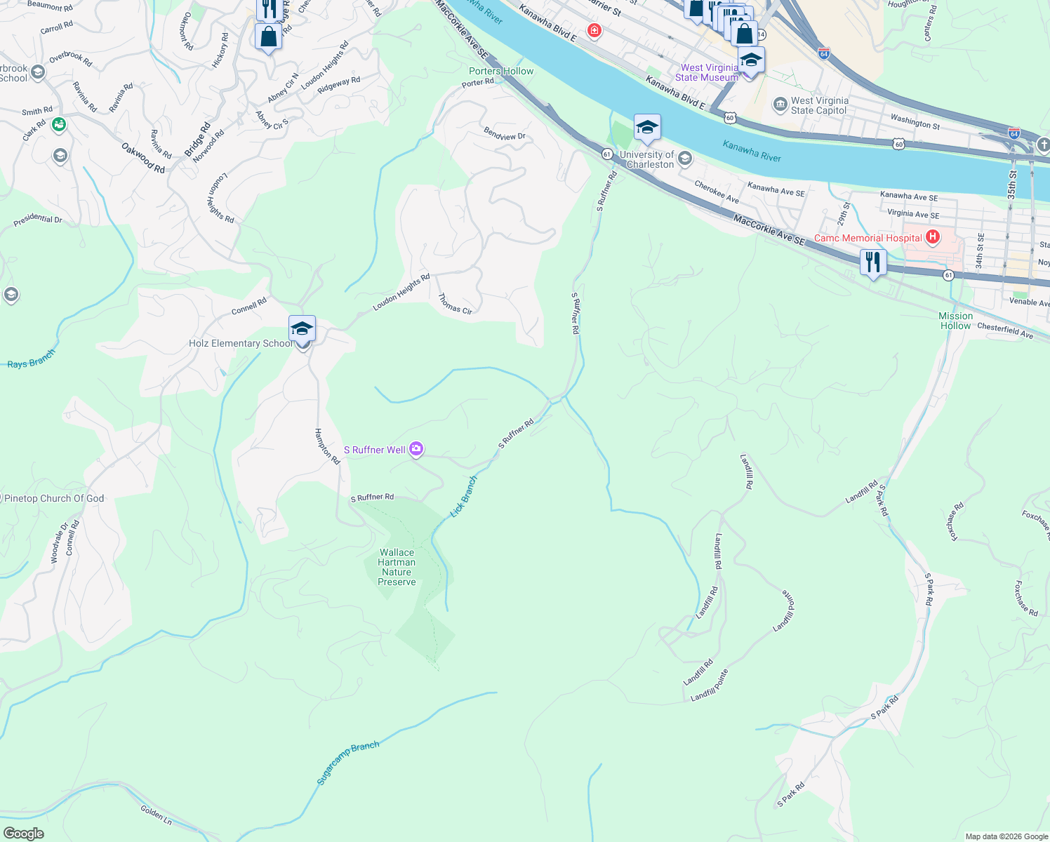 map of restaurants, bars, coffee shops, grocery stores, and more near 637 South Ruffner Road in Charleston