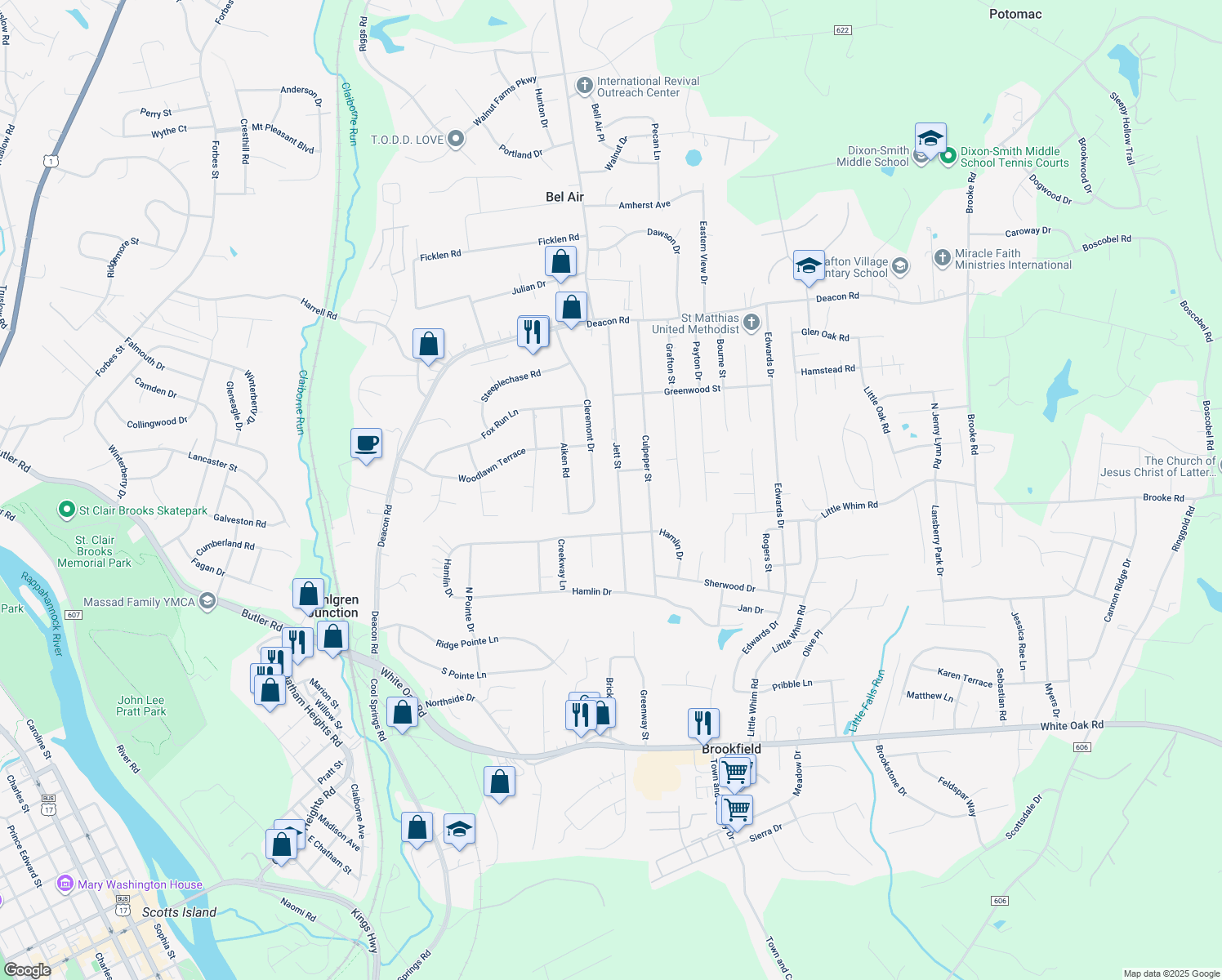 map of restaurants, bars, coffee shops, grocery stores, and more near 609 Jett Street in Fredericksburg