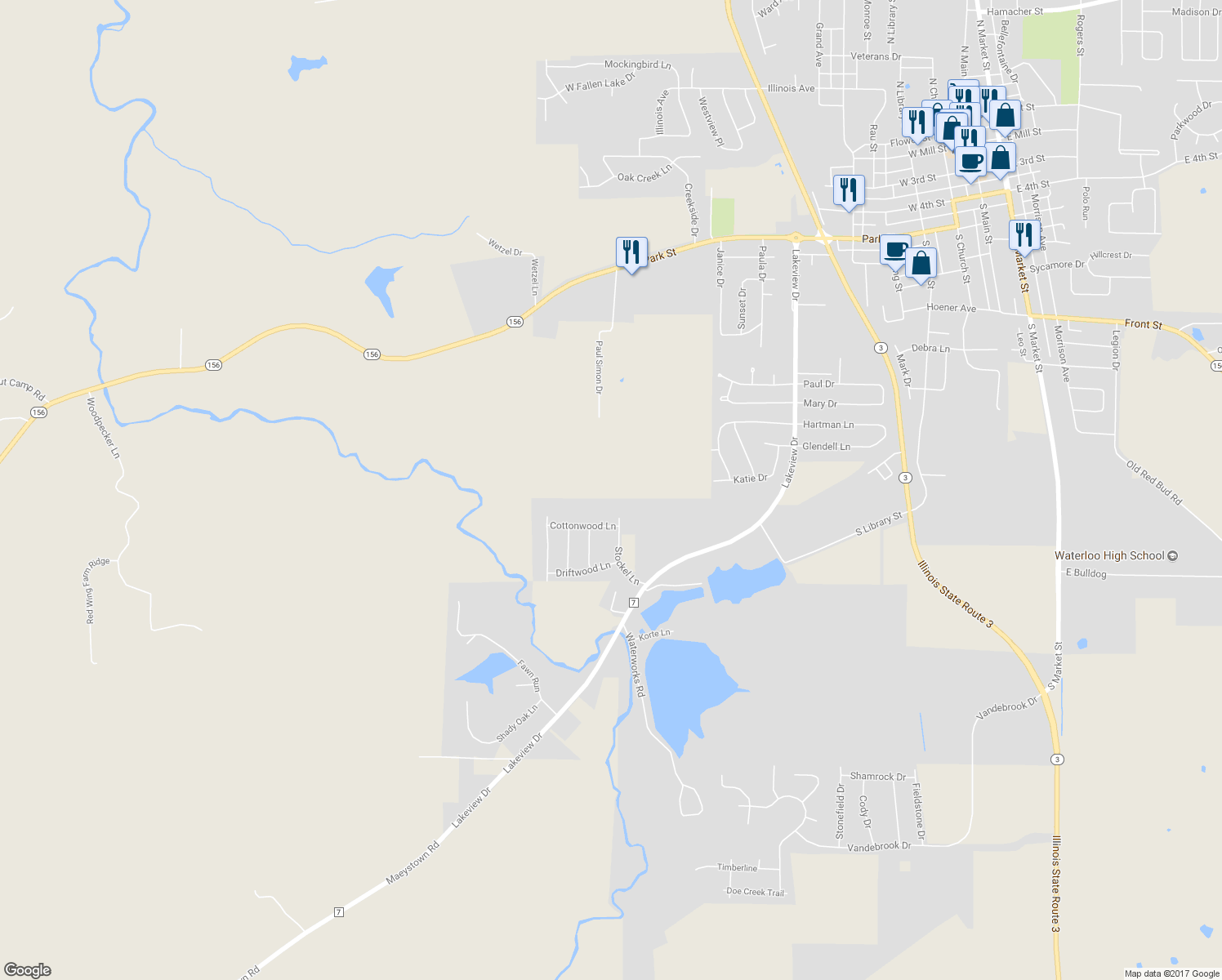 map of restaurants, bars, coffee shops, grocery stores, and more near 261 Paul Simon Drive in Waterloo