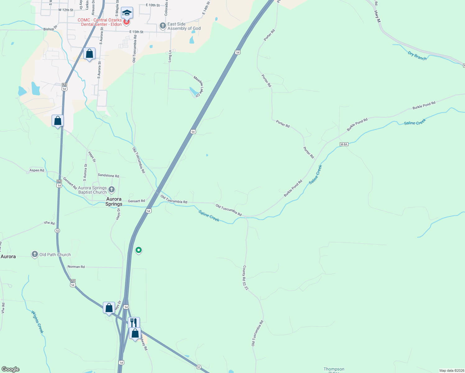 map of restaurants, bars, coffee shops, grocery stores, and more near 2688 Old Tuscumbia Road in Eldon