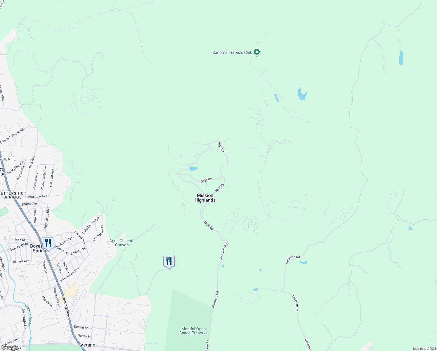 map of restaurants, bars, coffee shops, grocery stores, and more near 1697 Ridge Road in Sonoma