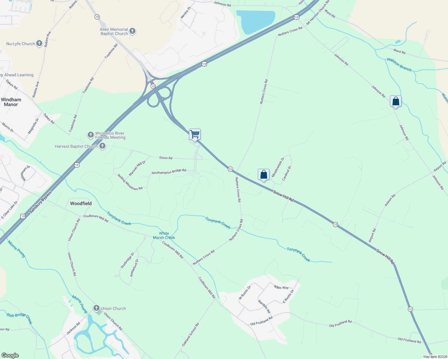map of restaurants, bars, coffee shops, grocery stores, and more near 30406 Southampton Bridge Road in Salisbury