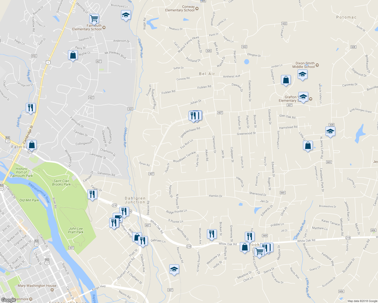 map of restaurants, bars, coffee shops, grocery stores, and more near 25 Woodlawn Terrace in Fredericksburg