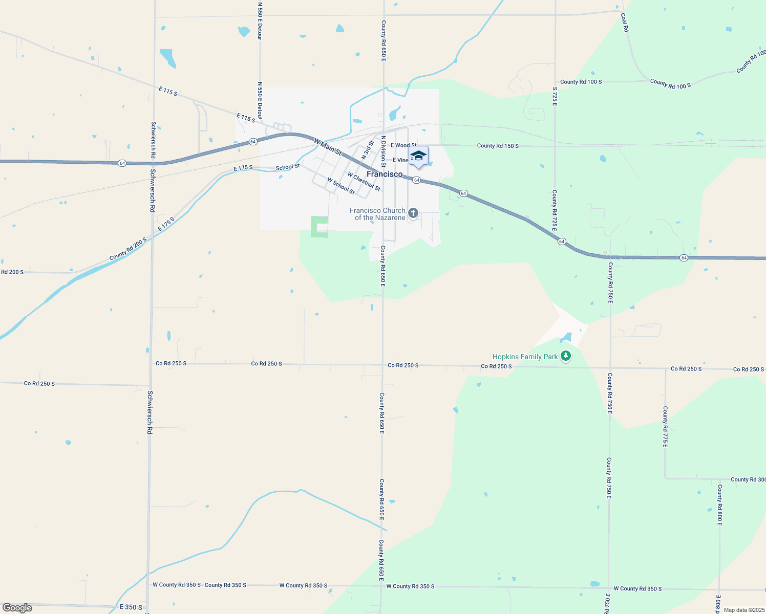 map of restaurants, bars, coffee shops, grocery stores, and more near 2270 County Road 650 East in Francisco