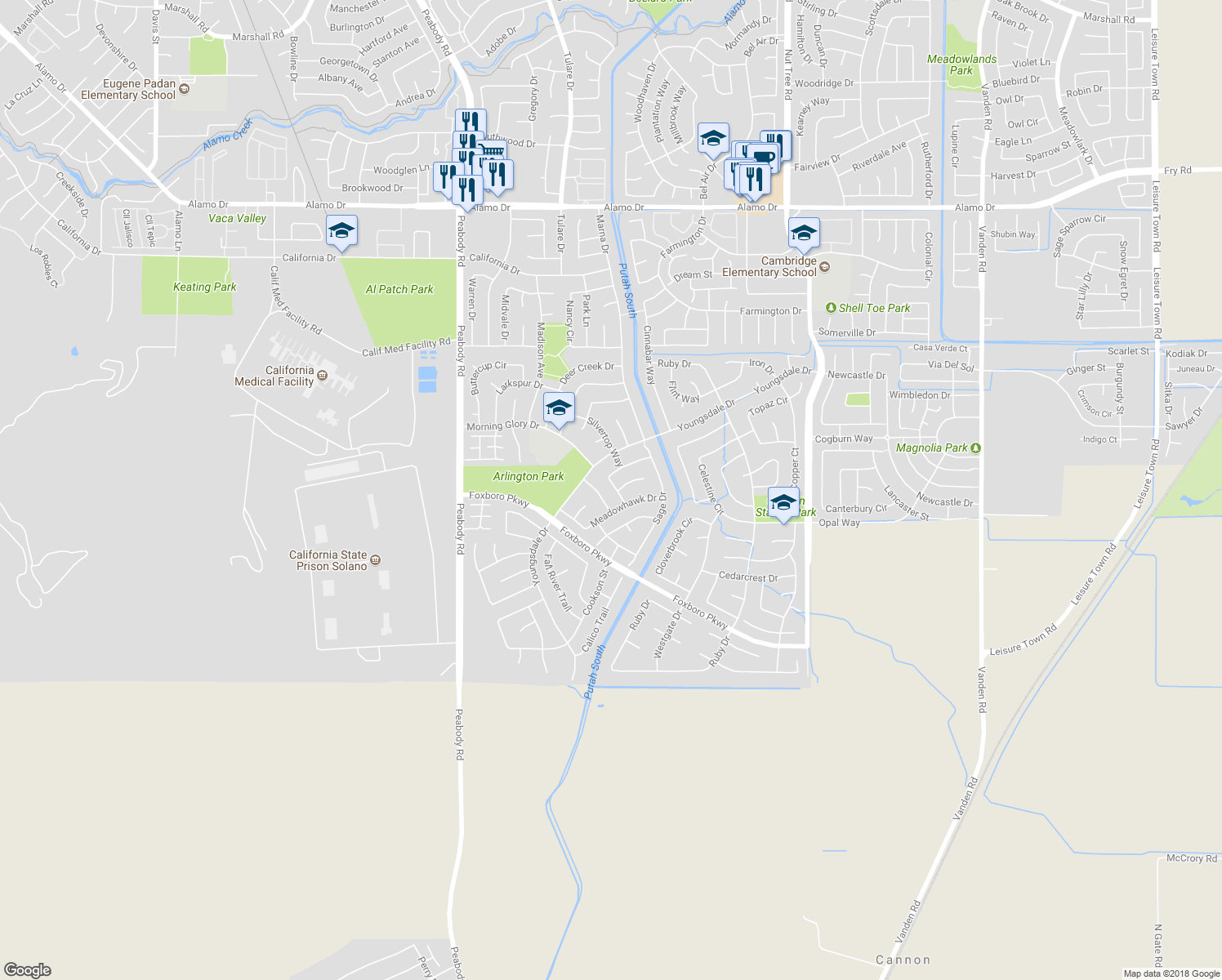 map of restaurants, bars, coffee shops, grocery stores, and more near 730 Morissette Way in Vacaville