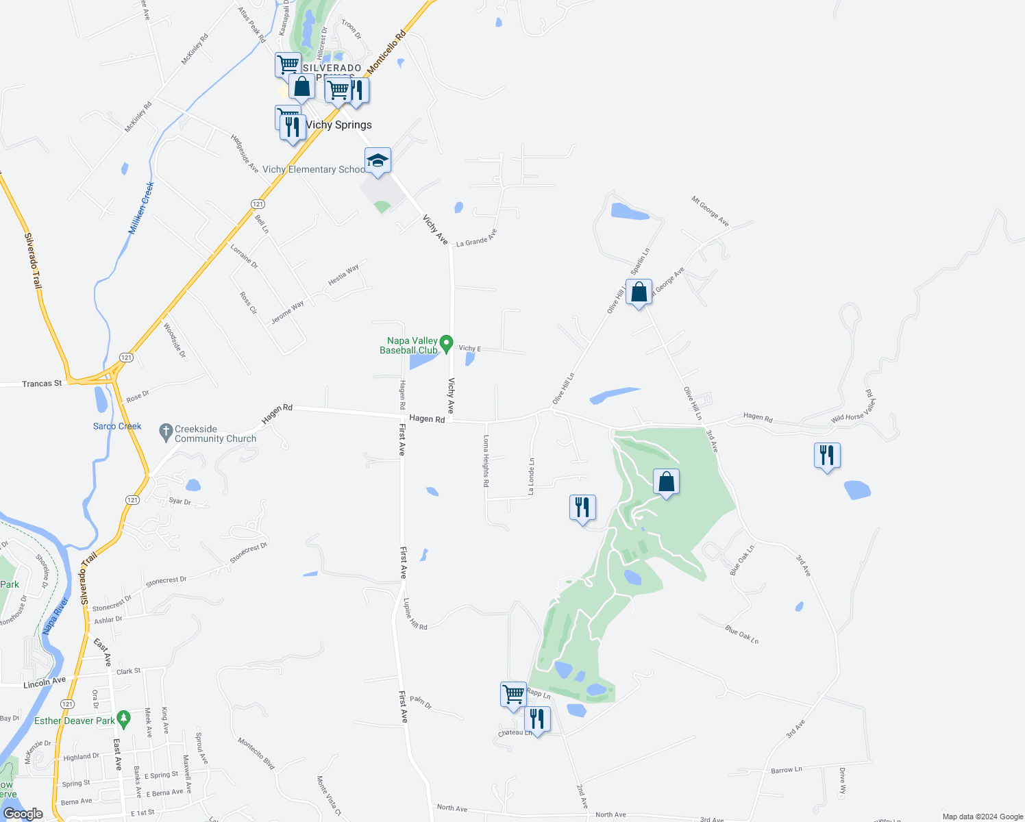 map of restaurants, bars, coffee shops, grocery stores, and more near 3280 Hagen Road in Napa