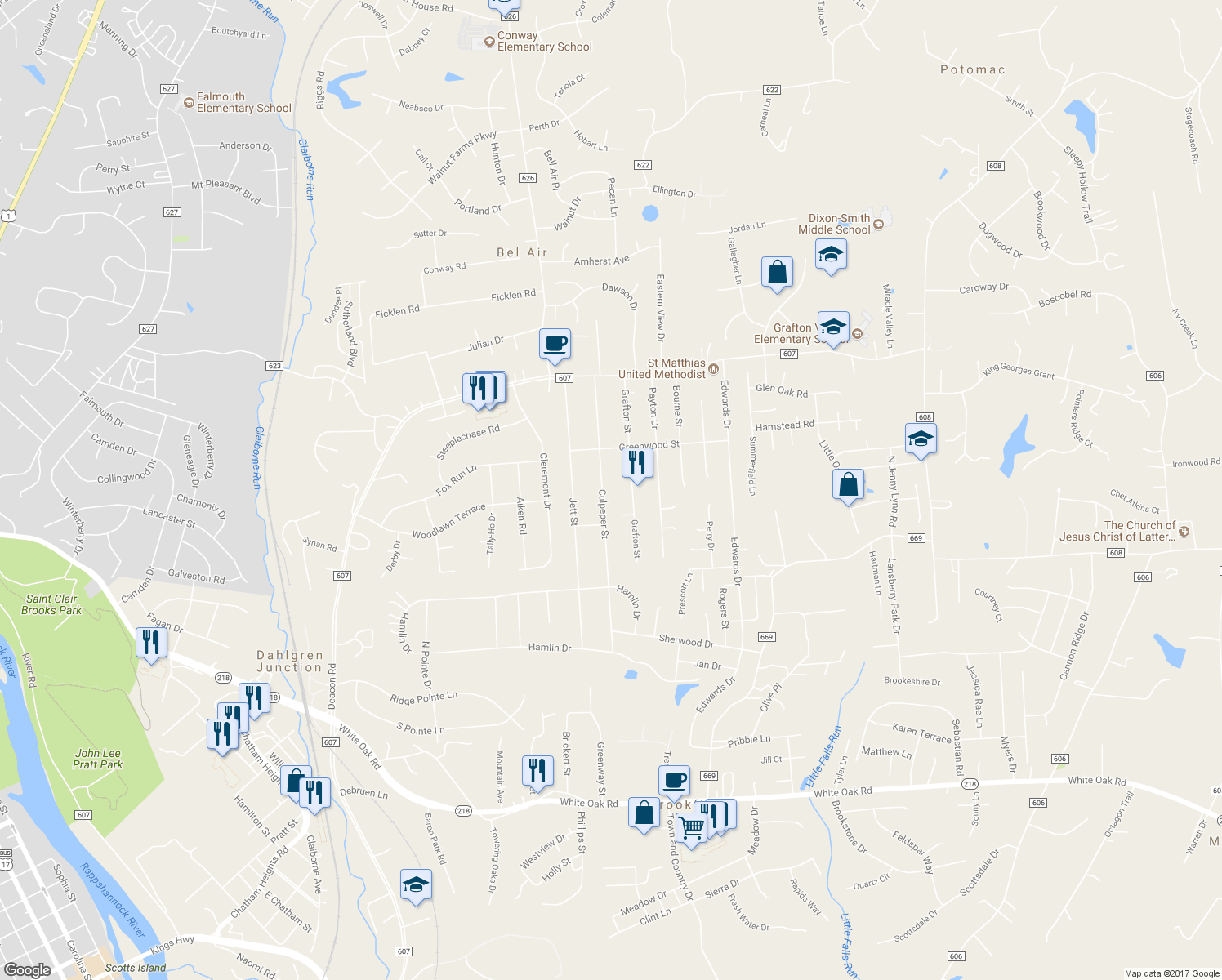 map of restaurants, bars, coffee shops, grocery stores, and more near 708 Culpeper Street in Fredericksburg