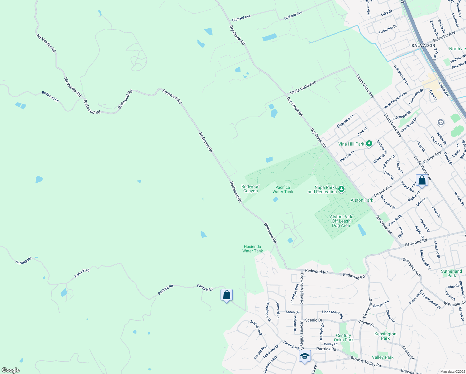 map of restaurants, bars, coffee shops, grocery stores, and more near 3255 Redwood Road in Napa