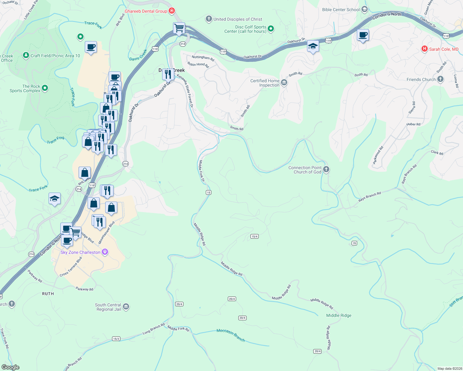 map of restaurants, bars, coffee shops, grocery stores, and more near 13 Squirrel Ridge in Charleston