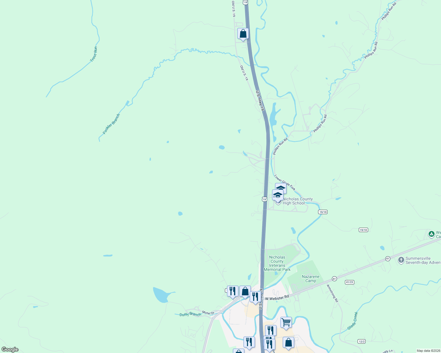 map of restaurants, bars, coffee shops, grocery stores, and more near 237 Curve Hill Road in Summersville