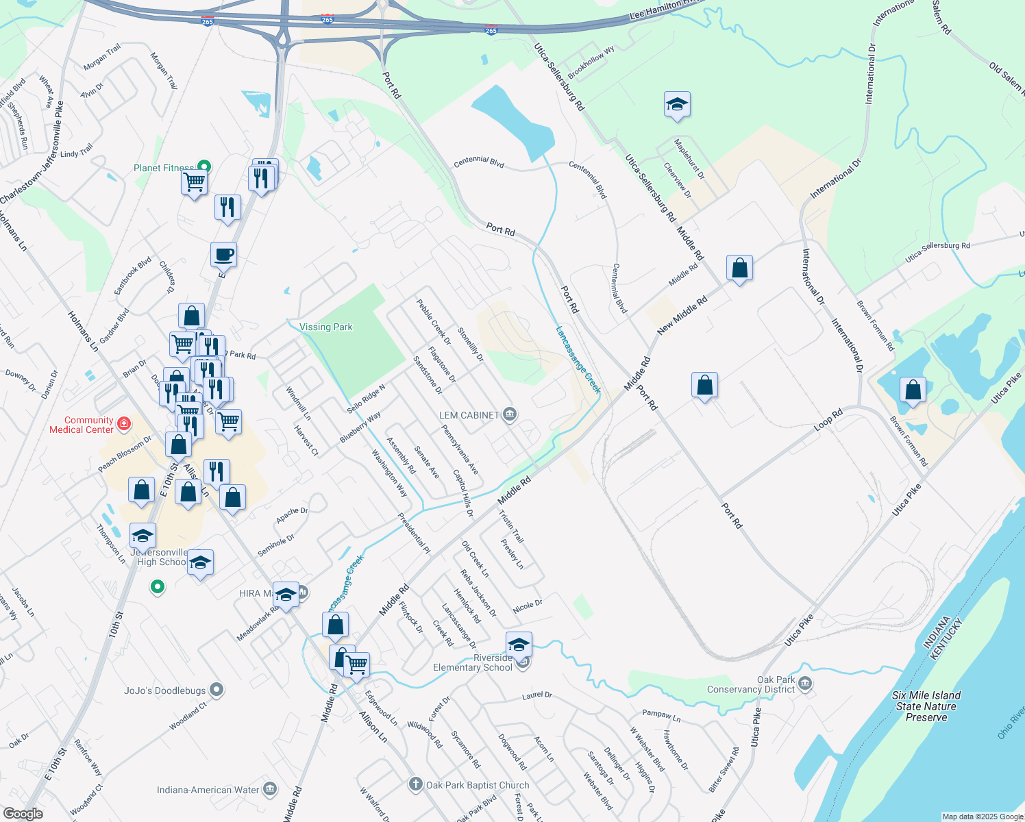 map of restaurants, bars, coffee shops, grocery stores, and more near 818 Stonelilly Drive in Jeffersonville
