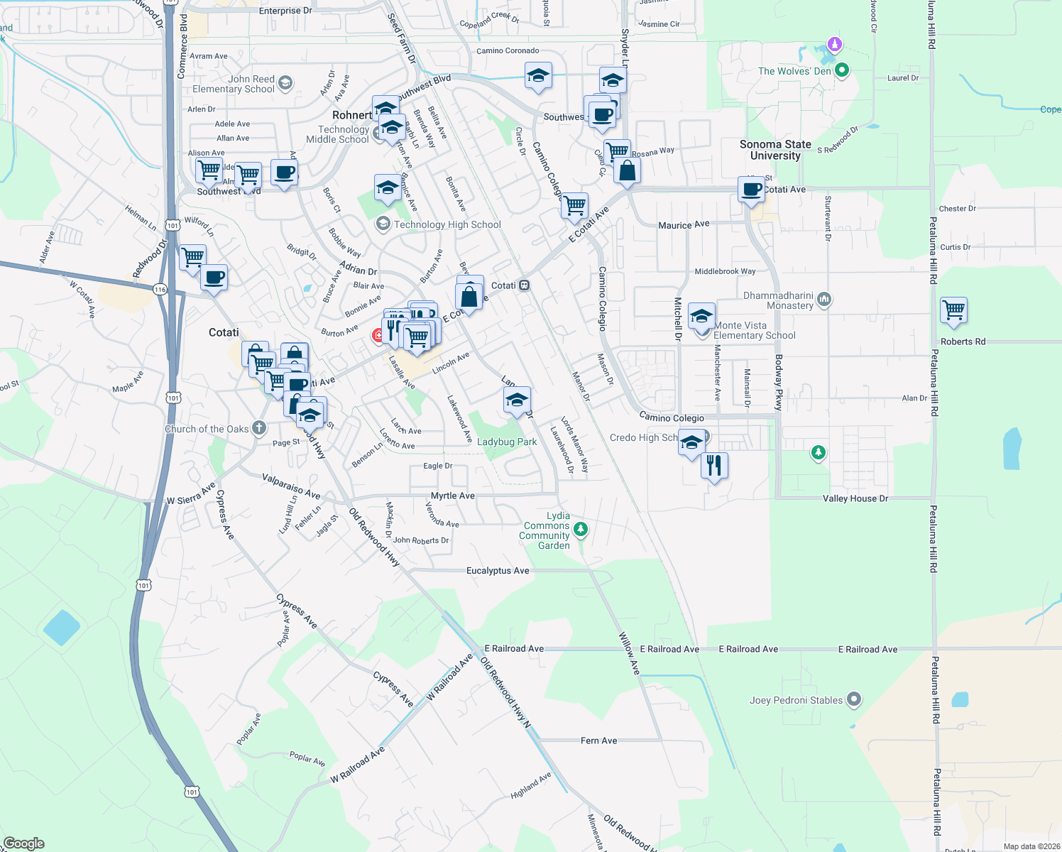 map of restaurants, bars, coffee shops, grocery stores, and more near 8601 Lancaster Drive in Rohnert Park