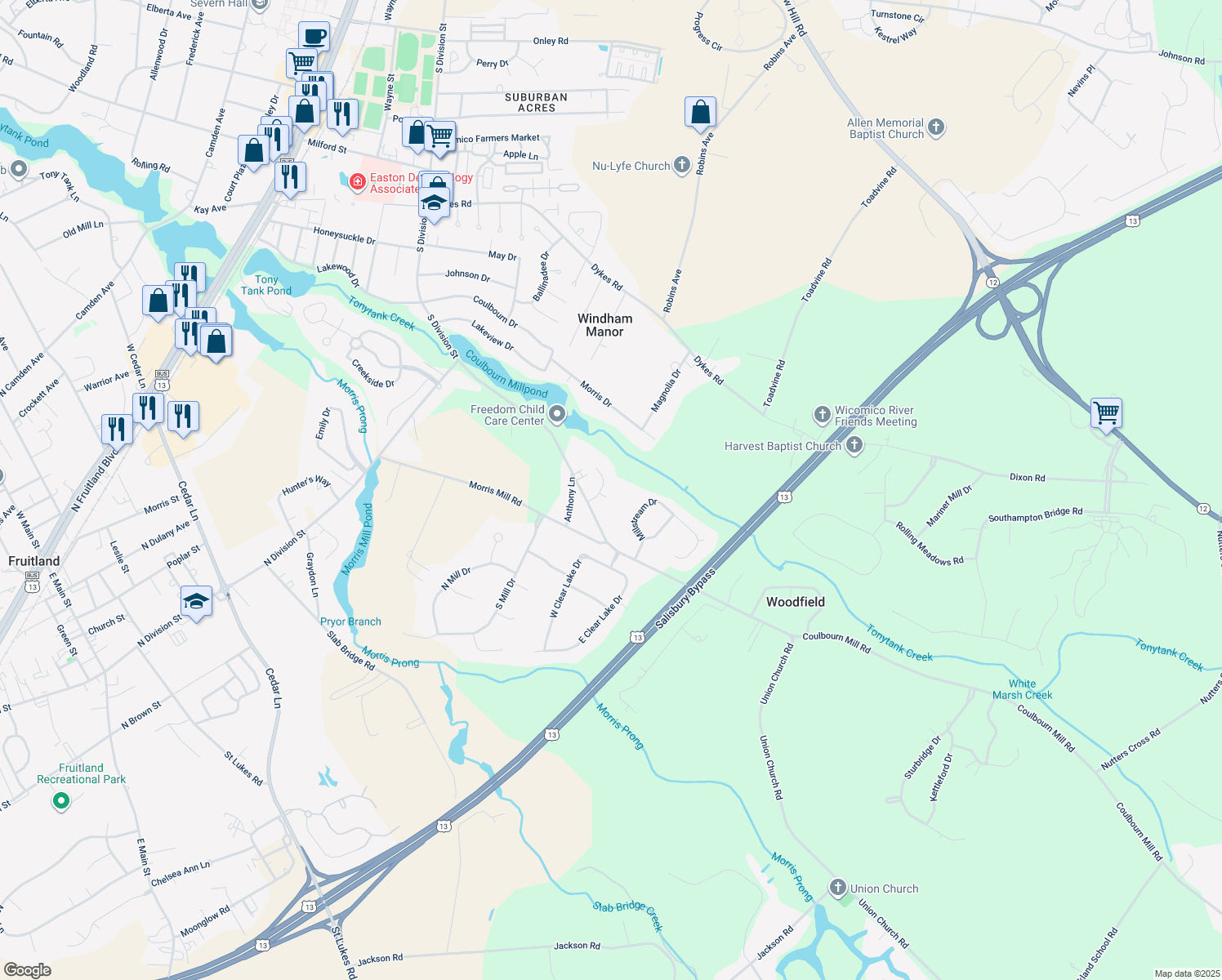 map of restaurants, bars, coffee shops, grocery stores, and more near 4819 Goose Creek Drive in Salisbury