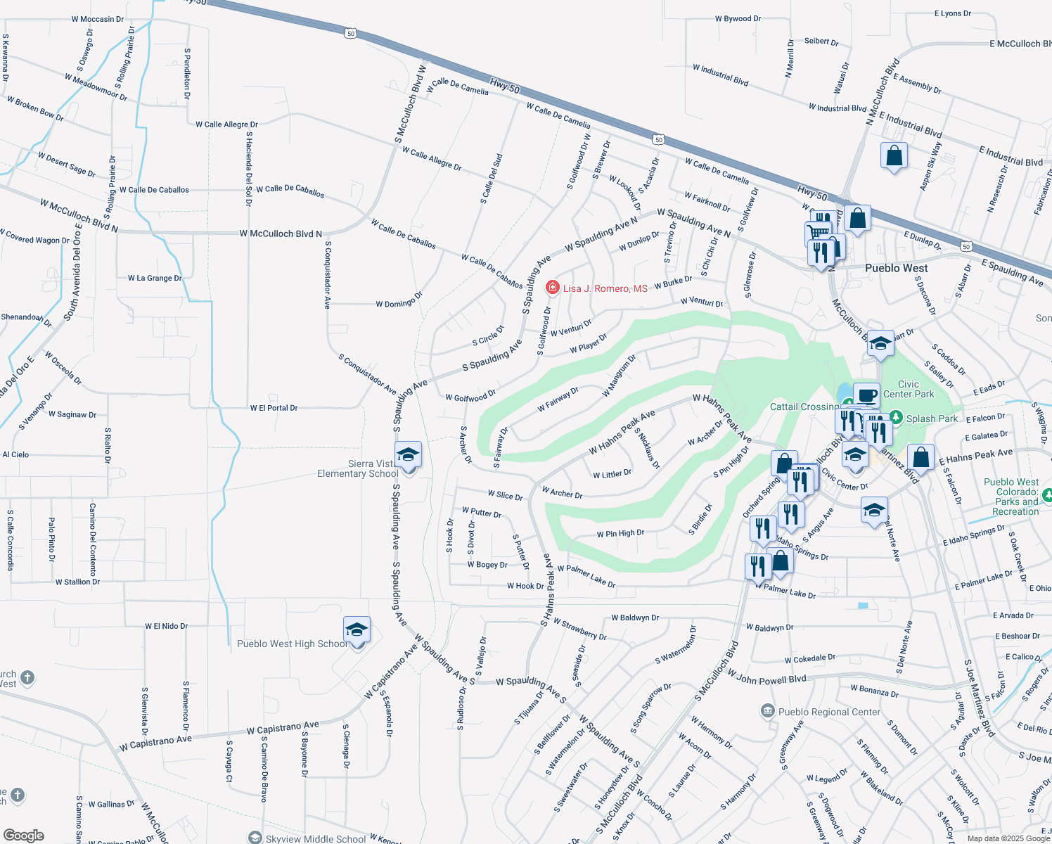 map of restaurants, bars, coffee shops, grocery stores, and more near 480 West Fairway Drive in Pueblo