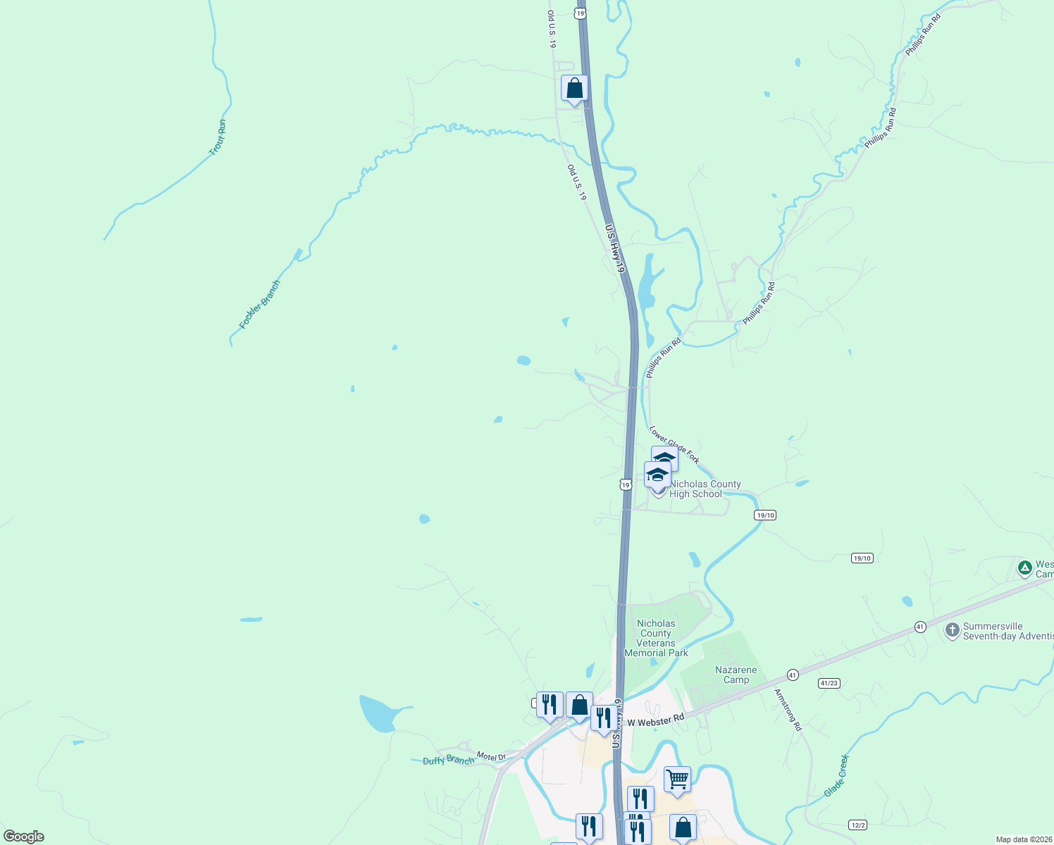 map of restaurants, bars, coffee shops, grocery stores, and more near 237 Curve Hill Road in Summersville