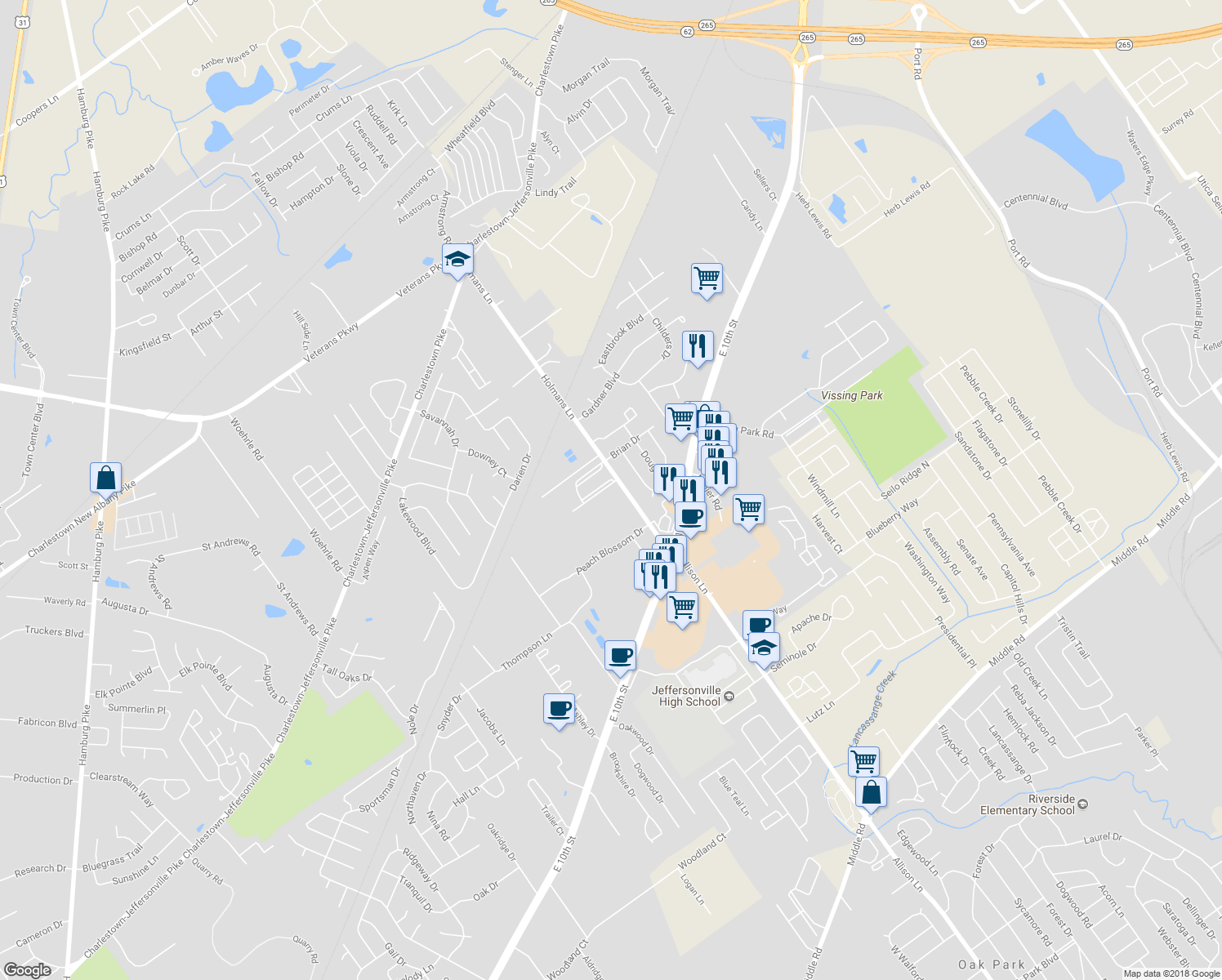 map of restaurants, bars, coffee shops, grocery stores, and more near 2975 Amanda Drive in Jeffersonville
