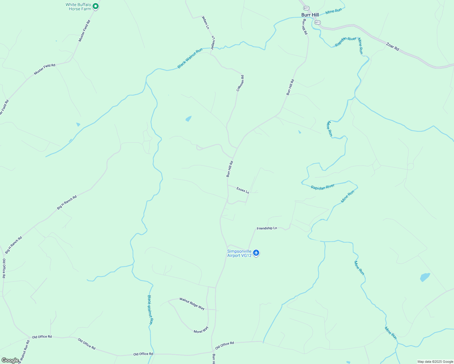 map of restaurants, bars, coffee shops, grocery stores, and more near 5564 Burr Hill Road in Rhoadesville