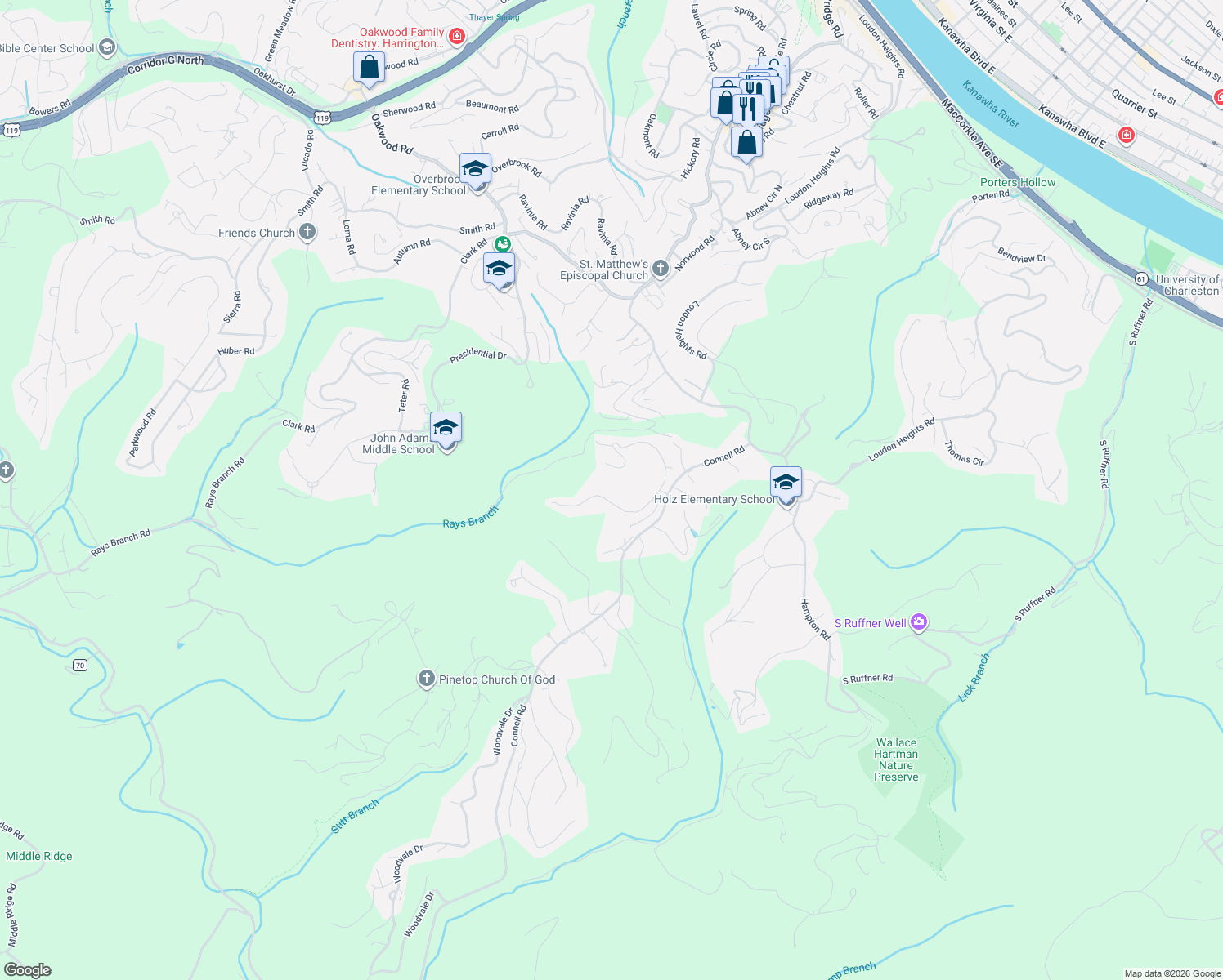 map of restaurants, bars, coffee shops, grocery stores, and more near 1528 Bedford Road in Charleston