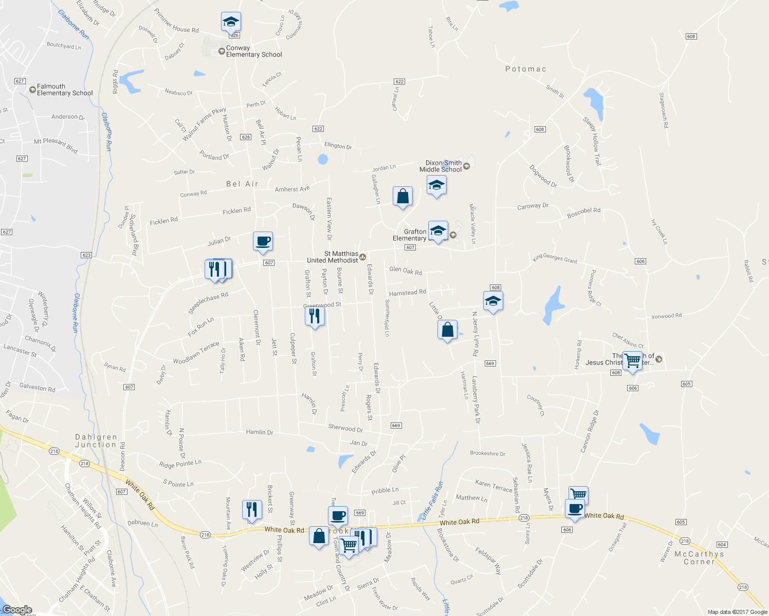 map of restaurants, bars, coffee shops, grocery stores, and more near 36 Summerfield Lane in Fredericksburg